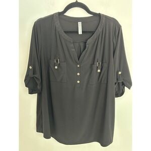 Perception Women Black Roll Tab Sleeve Henley Comfy Stretch Blouse 1X Gold Butto